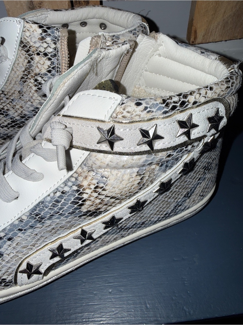 Vintage Havana White, Gray & Snake-Print High-Top Sneakers with Star Studs - Picture 6 of 9